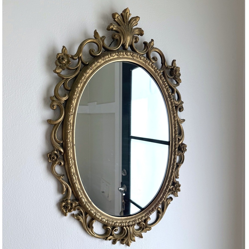 Vintage Ornate Gold Oval Wall Mirror Rococo Baroque Floral Scroll